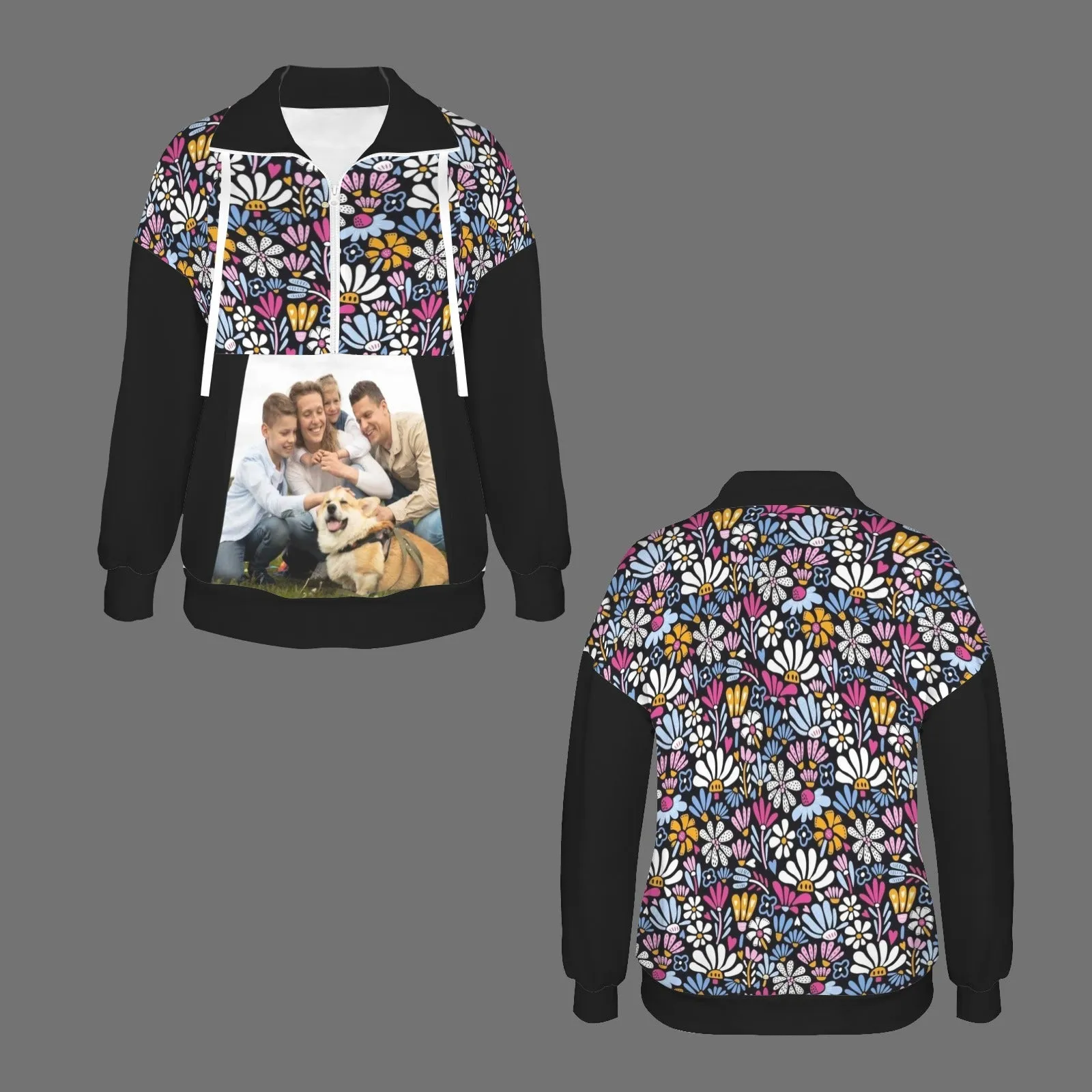 Custom Photo Flowers Women's Lapel Half Zip Pullover Drawstring Sweatshirts Fashion Outfits