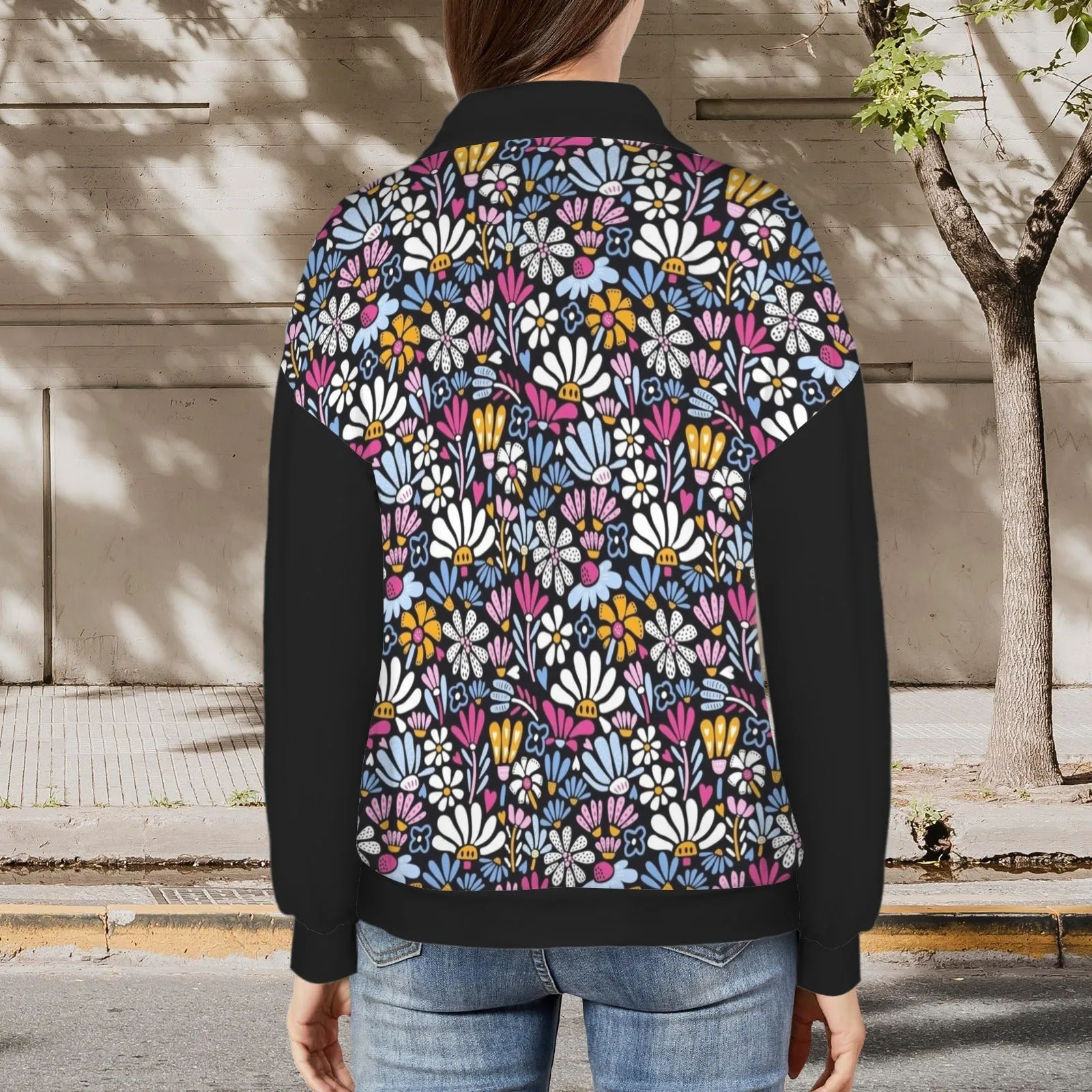 Custom Photo Flowers Women's Lapel Half Zip Pullover Drawstring Sweatshirts Fashion Outfits