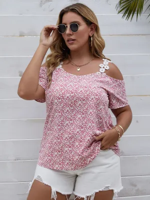 Ditsy Floral Cut Out Short Sleeve Cold Shoulder Regular Plus Size Blouse