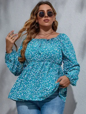 Ditsy Floral Ruffle Hem Long Sleeve Scoop Neck Flared Regular Plus Size Blouse