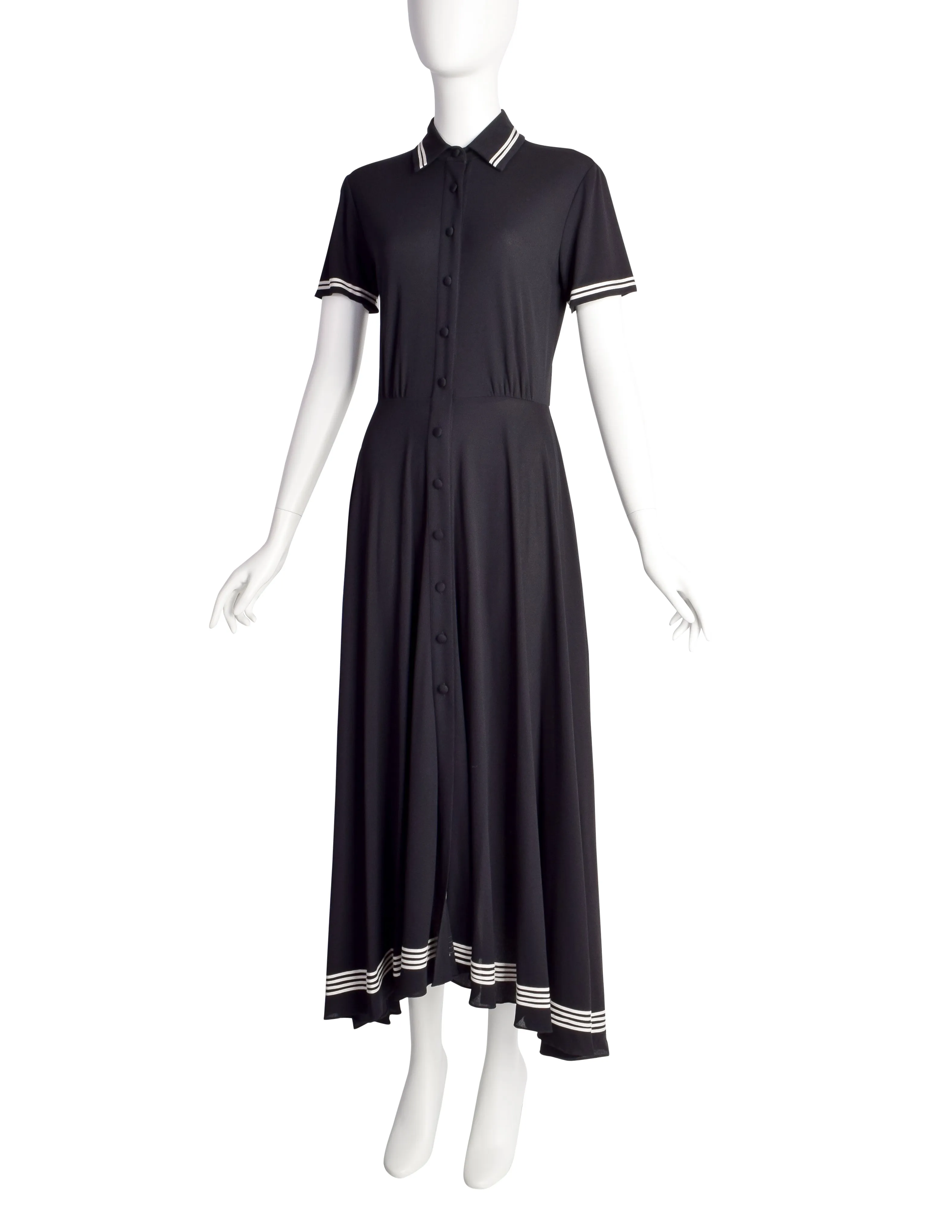 DKNY Vintage 1990s Black Button Up Collared Full Skirt Dress