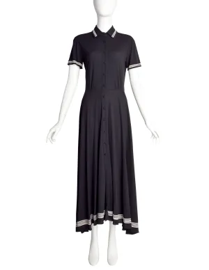 DKNY Vintage 1990s Black Button Up Collared Full Skirt Dress
