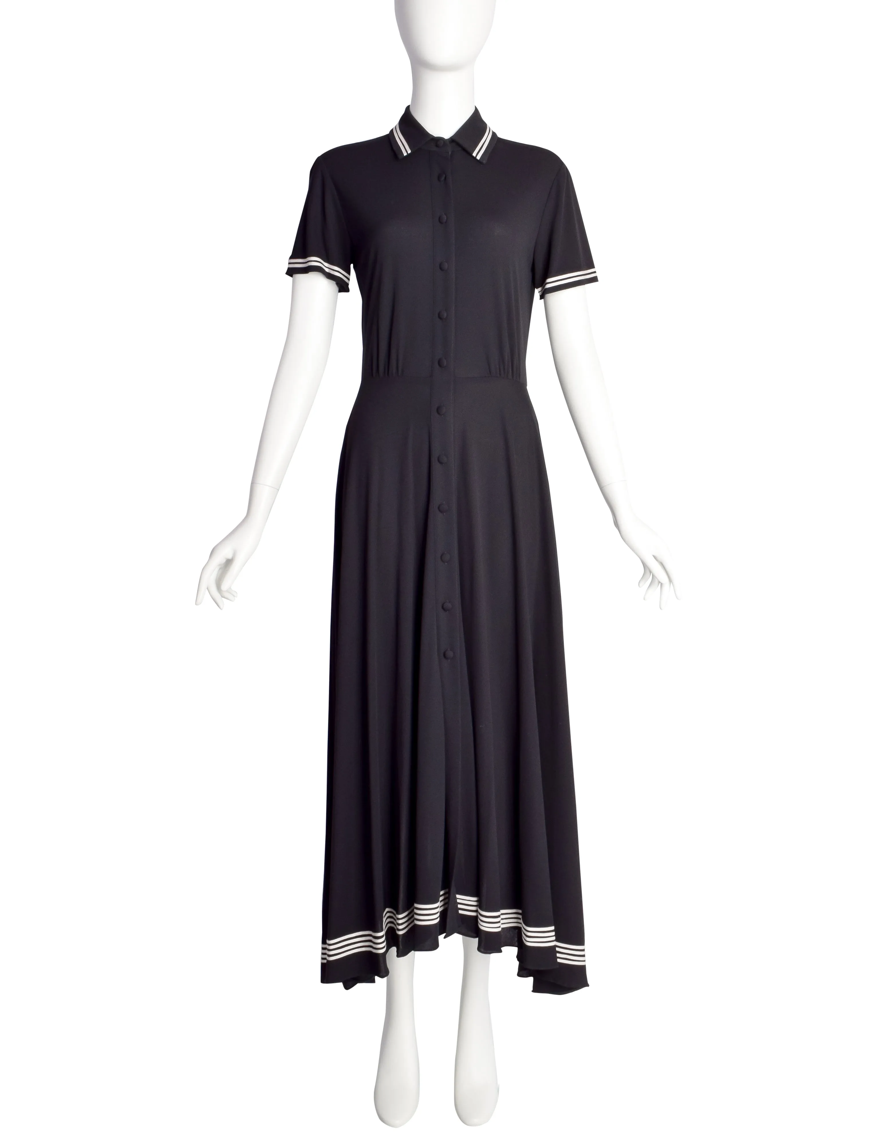 DKNY Vintage 1990s Black Button Up Collared Full Skirt Dress