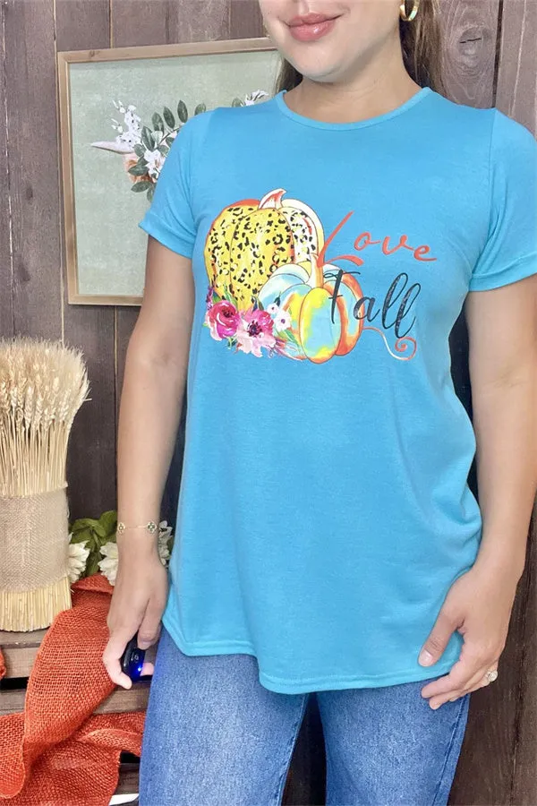 DLH7951 LOVE FALL Turquoise pumpkin multi color printed short sleeve women tops( IS4)