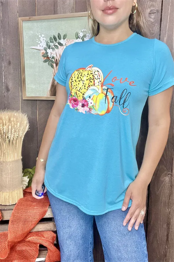 DLH7951 LOVE FALL Turquoise pumpkin multi color printed short sleeve women tops( IS4)