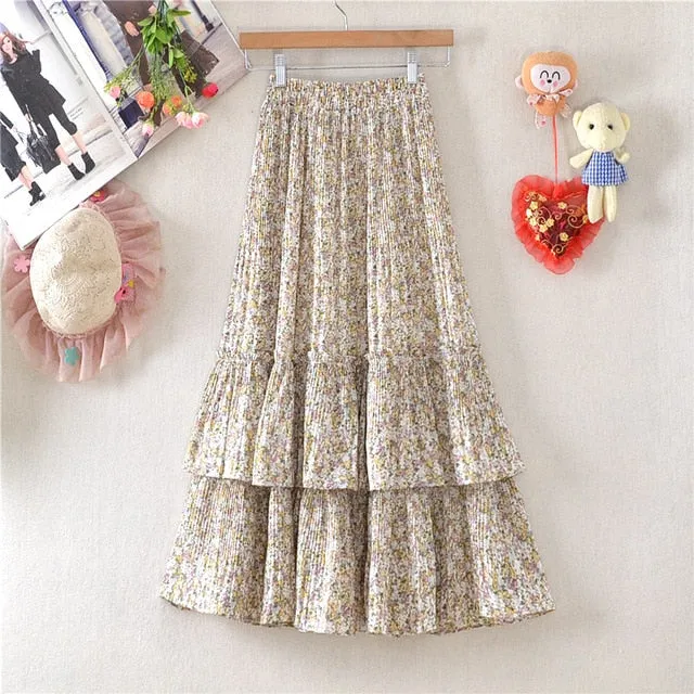 Elegant Floral High-Waist Casual Tiered Midi Skirt