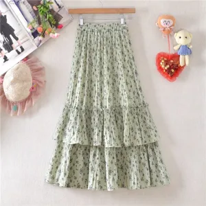 Elegant Floral High-Waist Casual Tiered Midi Skirt