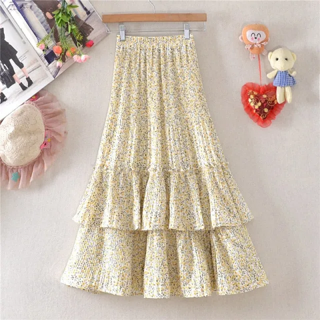 Elegant Floral High-Waist Casual Tiered Midi Skirt