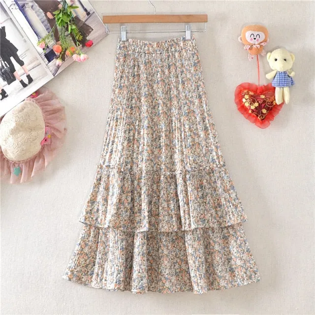 Elegant Floral High-Waist Casual Tiered Midi Skirt