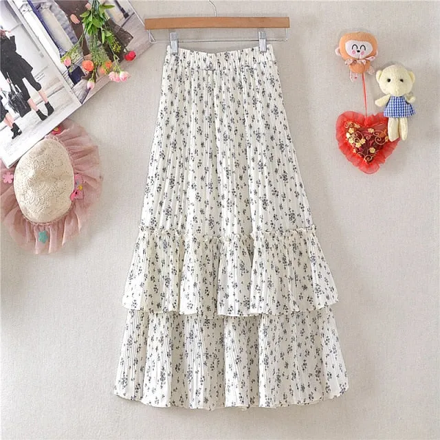 Elegant Floral High-Waist Casual Tiered Midi Skirt