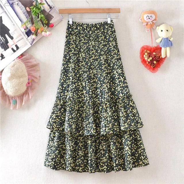 Elegant Floral High-Waist Casual Tiered Midi Skirt