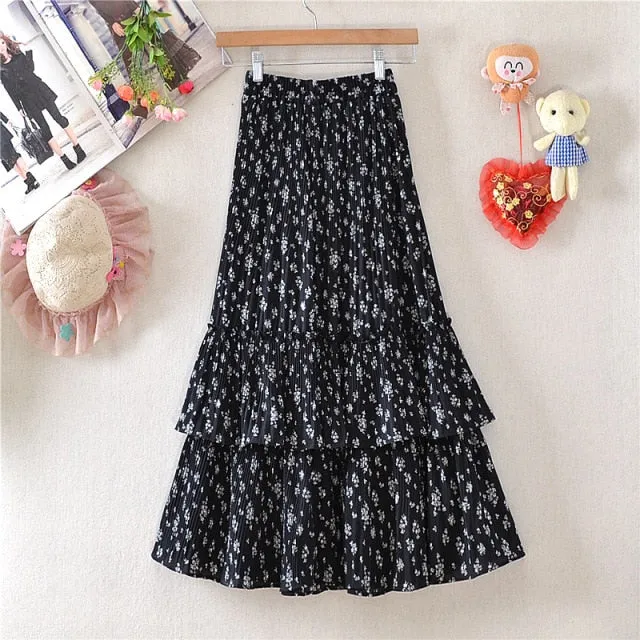 Elegant Floral High-Waist Casual Tiered Midi Skirt