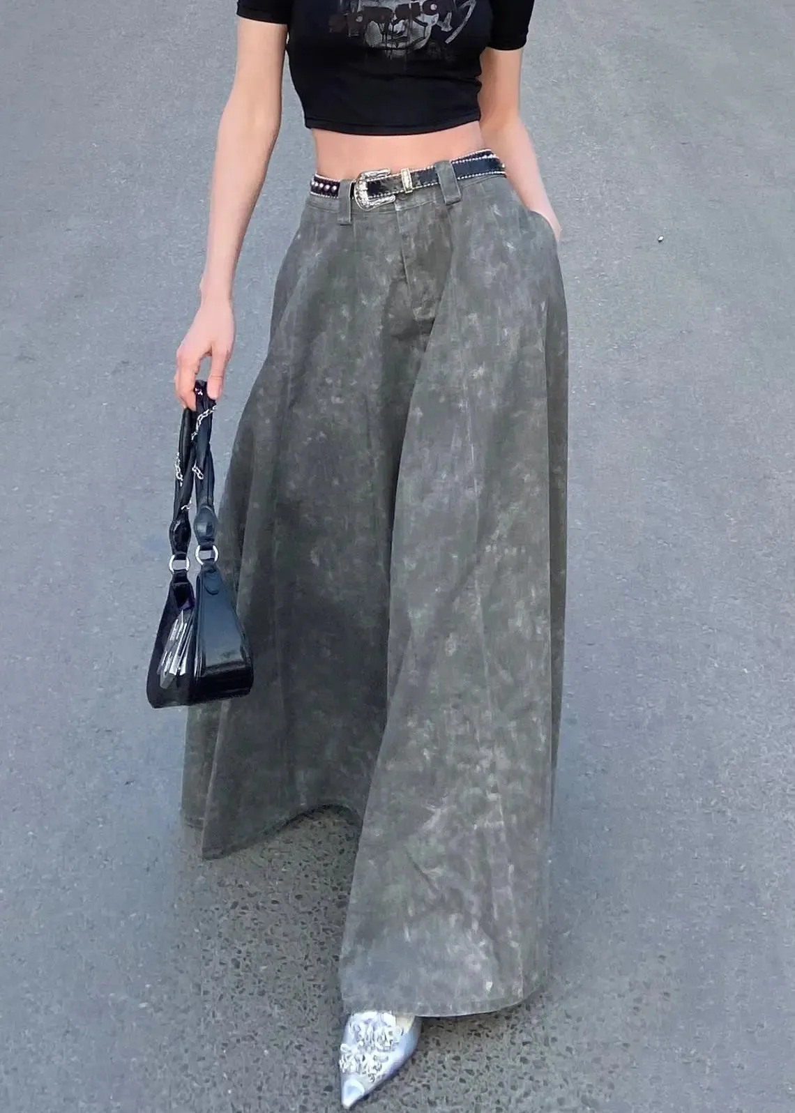 Elegant Grey  Pockets High Waist Patchwork Denim Maxi Skirts Summer LY9077