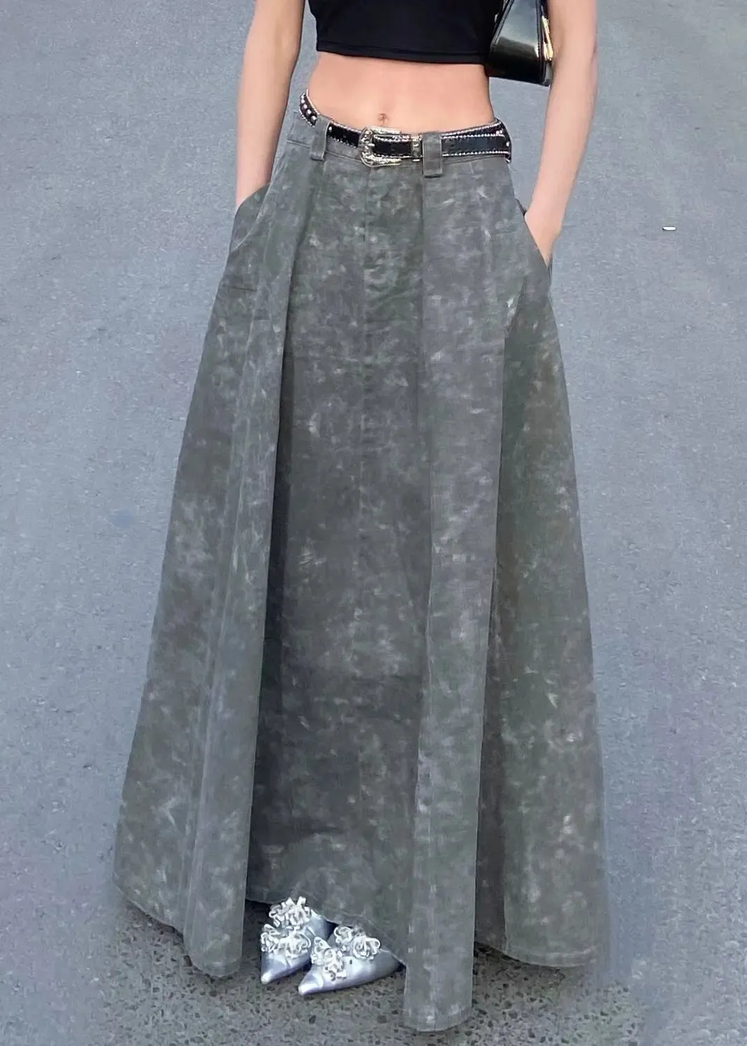 Elegant Grey  Pockets High Waist Patchwork Denim Maxi Skirts Summer LY9077