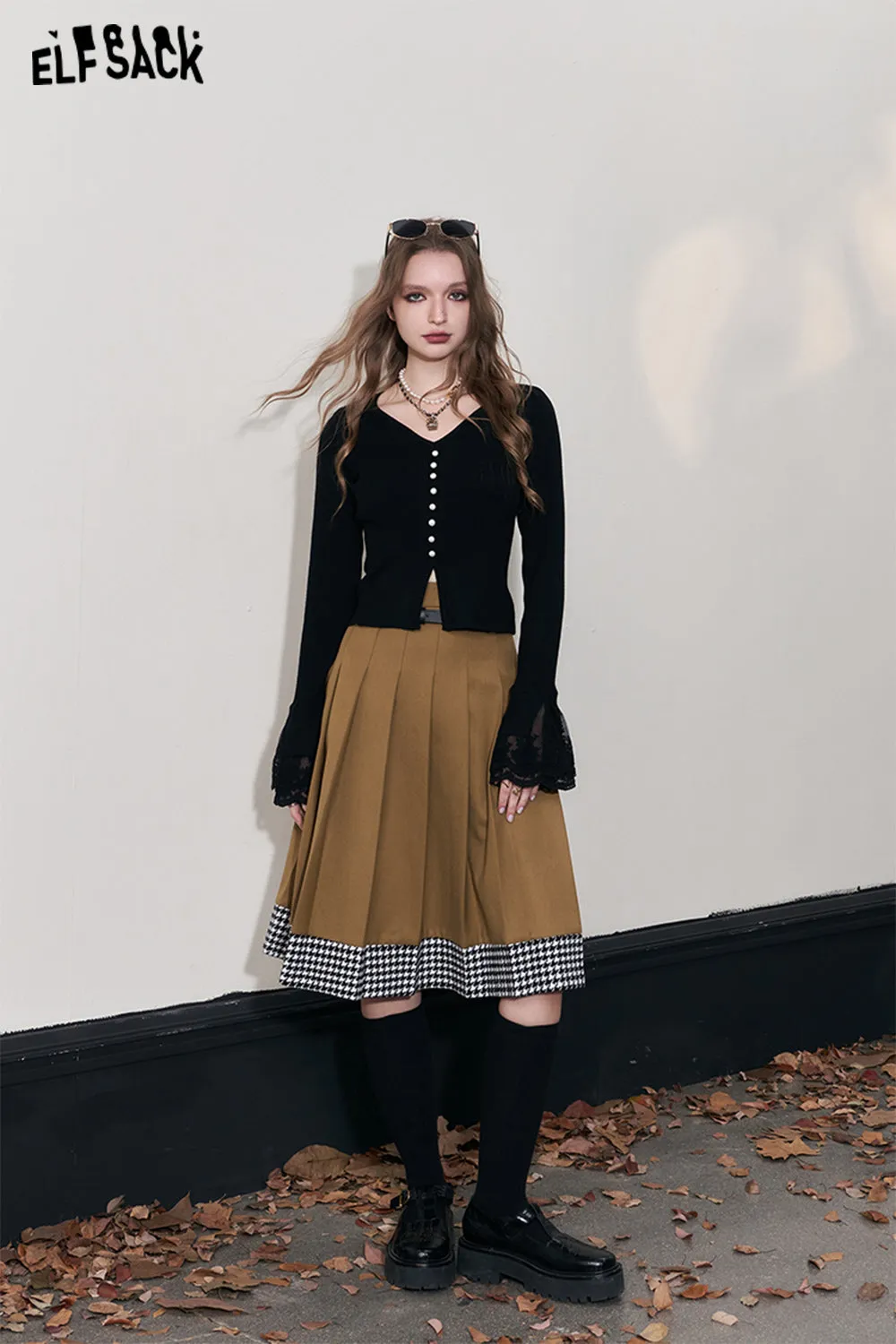ELFSACK Free Belt Mid-lengh Skirts Women 2023 Winter New Luxury Elegant Bottom