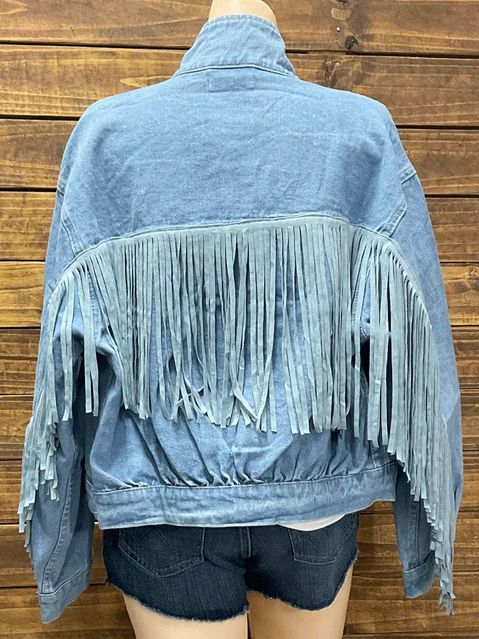 Fate FJ4302 Womens Fringe Denim Jacket Light Medium Wash