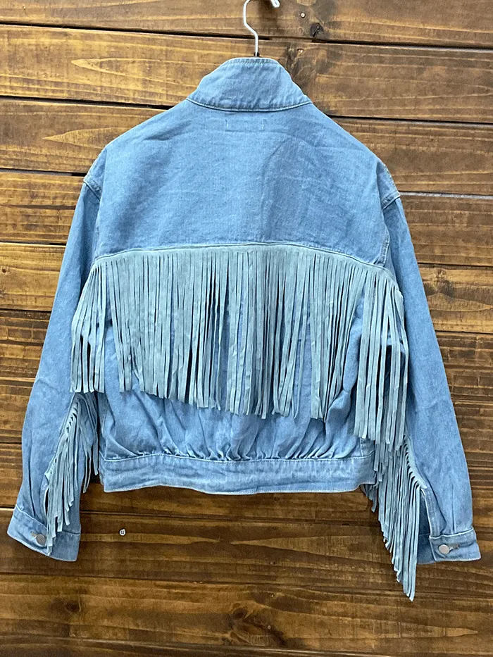 Fate FJ4302 Womens Fringe Denim Jacket Light Medium Wash