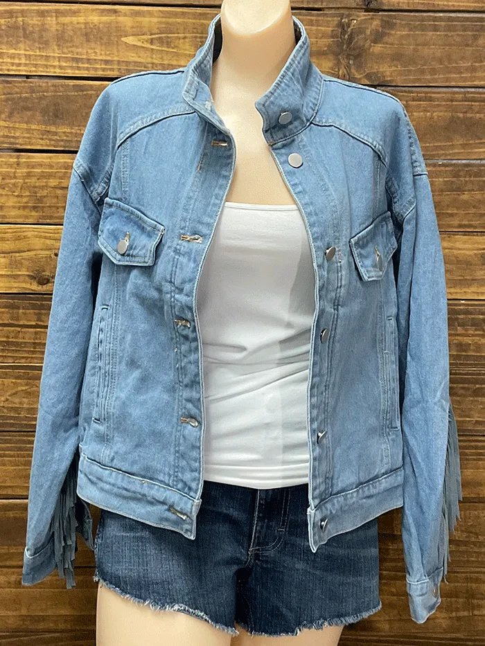 Fate FJ4302 Womens Fringe Denim Jacket Light Medium Wash