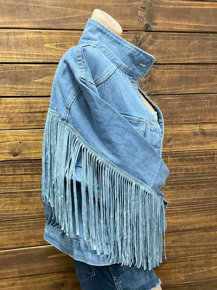 Fate FJ4302 Womens Fringe Denim Jacket Light Medium Wash