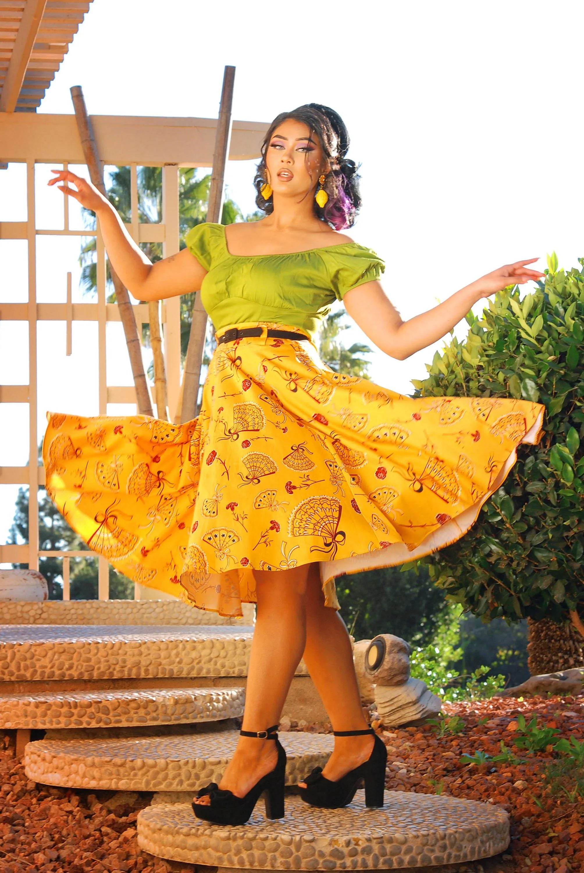 Final Sale - Doris Vintage Swing Skirt in Mustard Spanish Fans | Laura Byrnes & Hope Johnstun