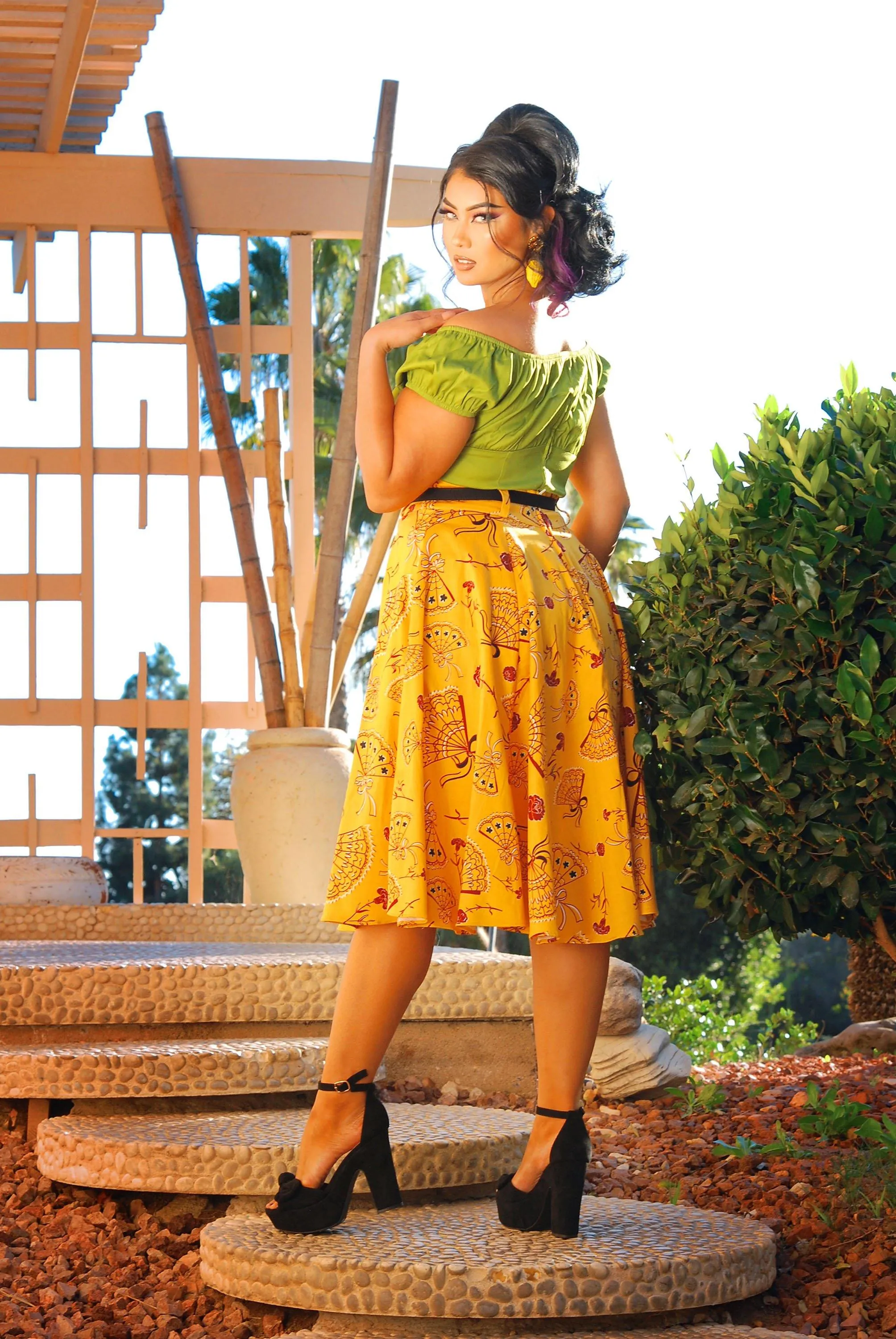 Final Sale - Doris Vintage Swing Skirt in Mustard Spanish Fans | Laura Byrnes & Hope Johnstun