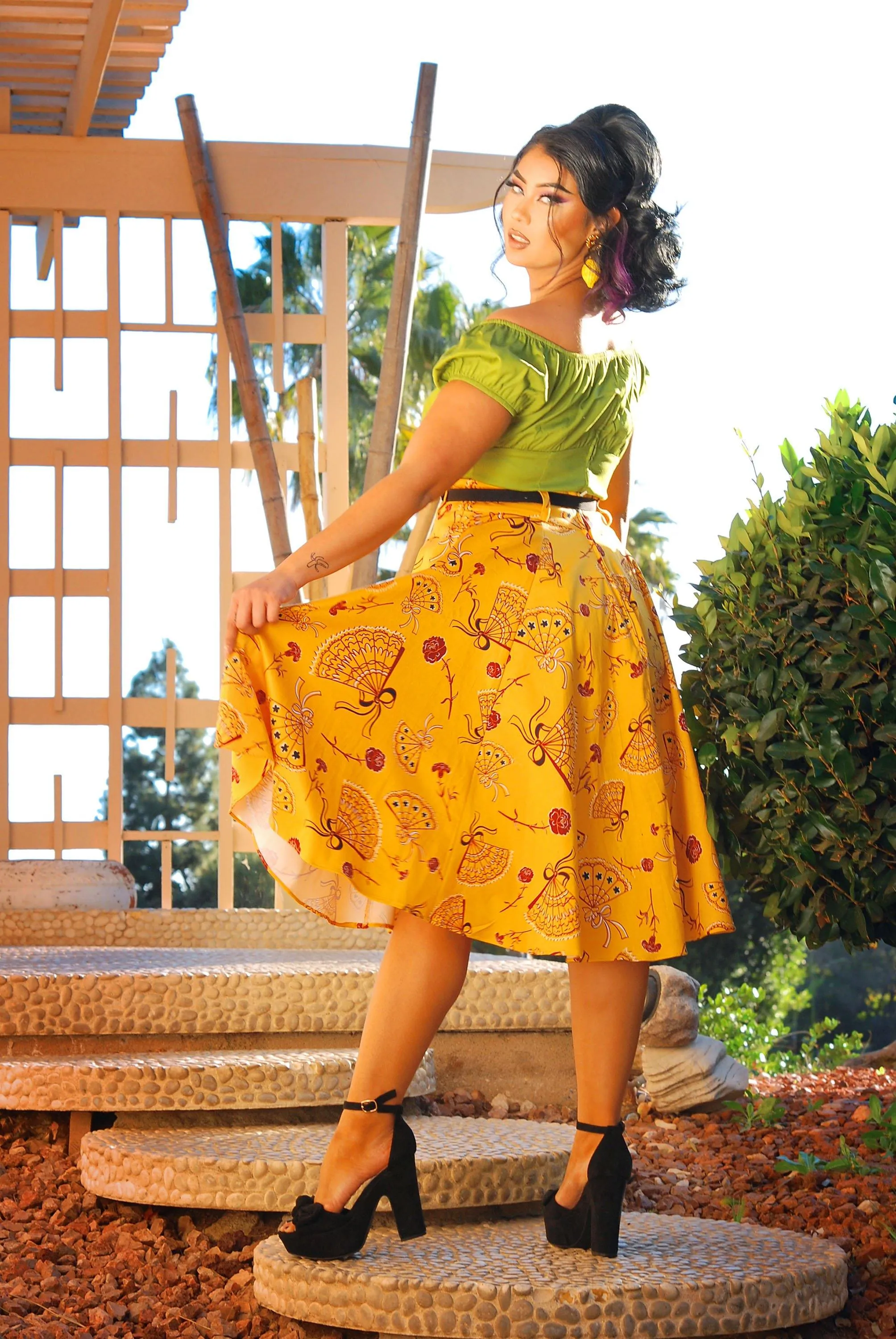 Final Sale - Doris Vintage Swing Skirt in Mustard Spanish Fans | Laura Byrnes & Hope Johnstun