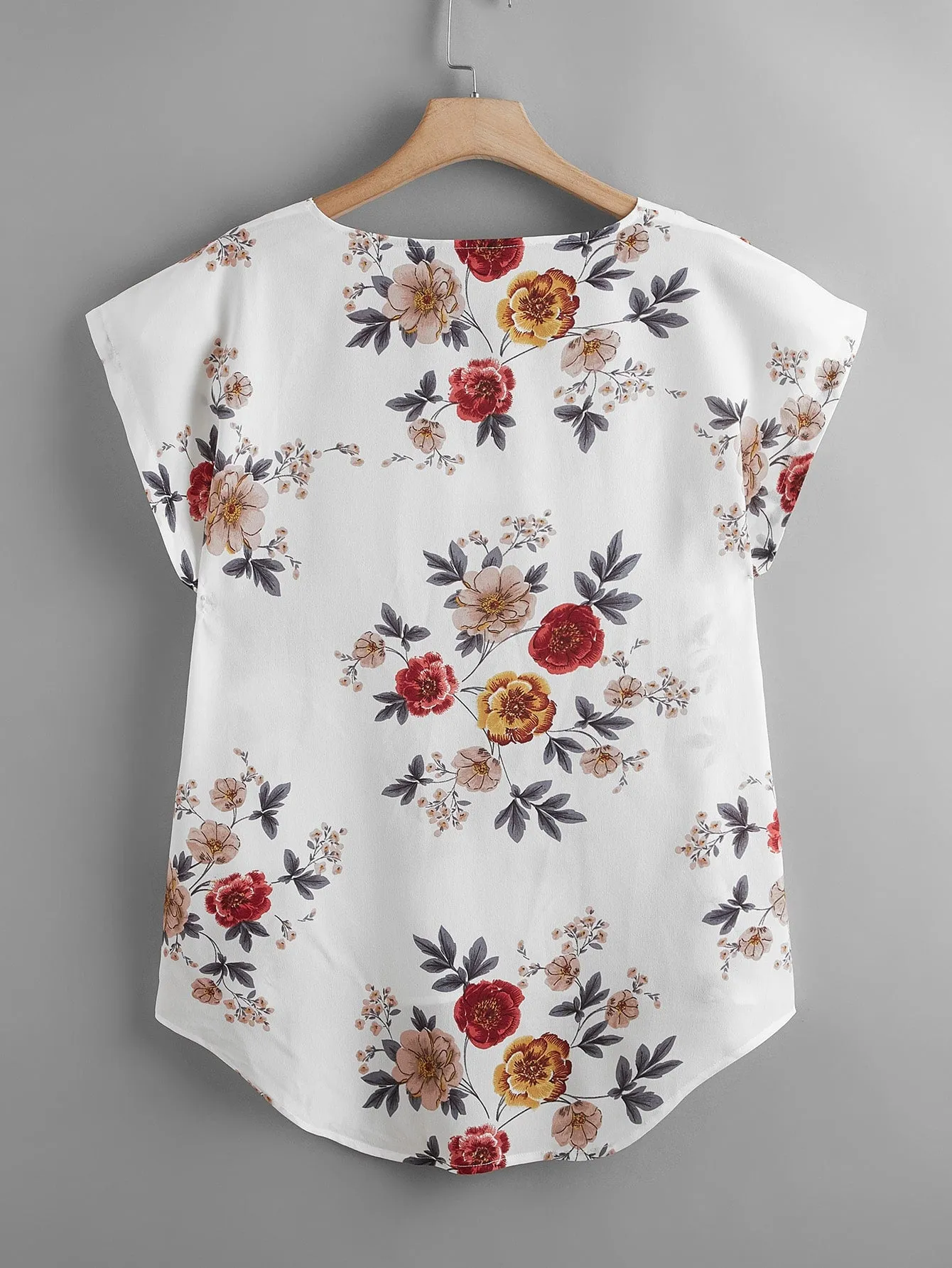Floral High Low Cap Sleeve V Neck Asymmetrical Regular Plus Size Blouse