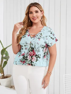 Floral Short Sleeve Keyhole Neckline Regular Plus Size Blouse