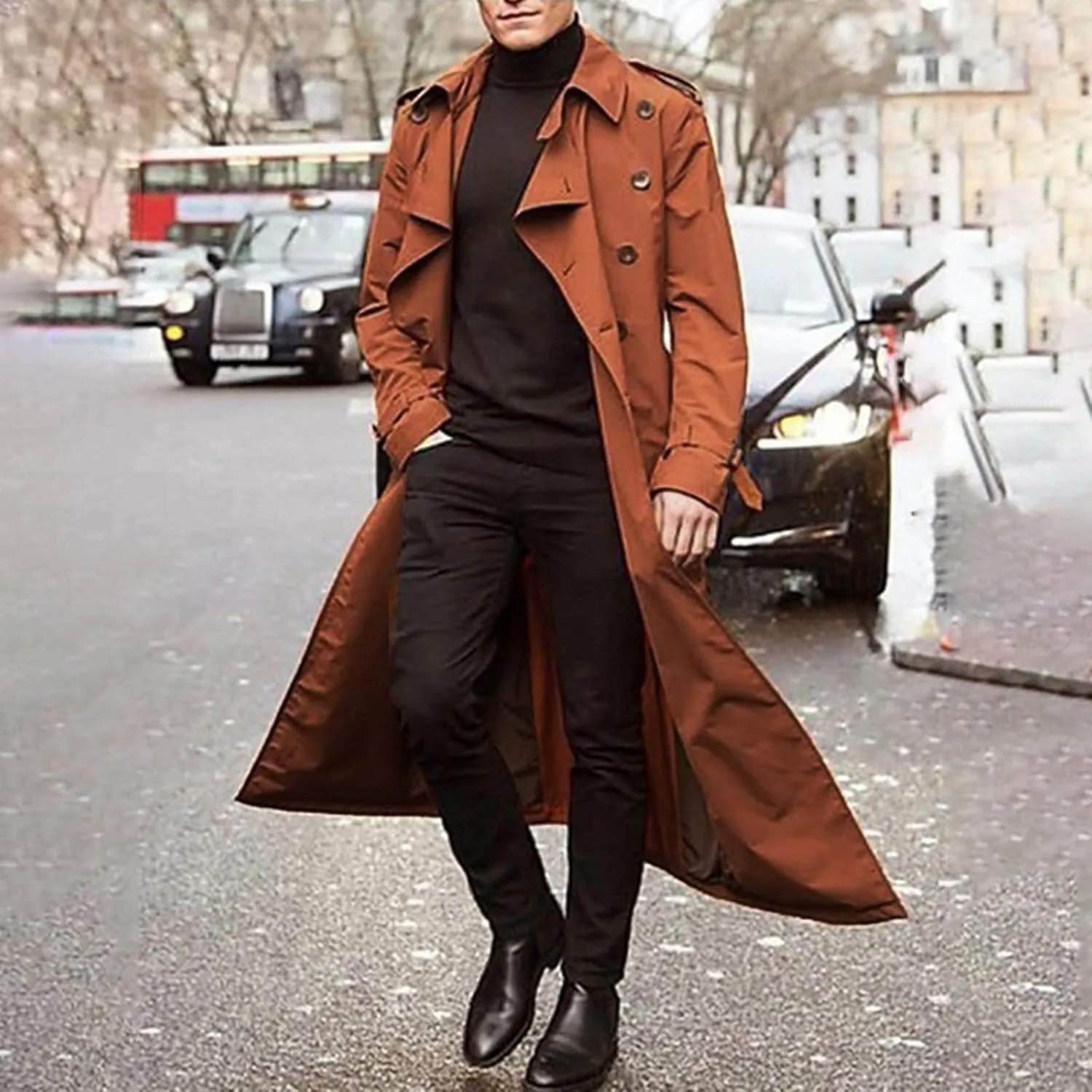 FONMA Trench Coat Men Winter Slim Coat Trench Lapel Long Jacket Double Breasted Coat Soft Elegant windbreaker