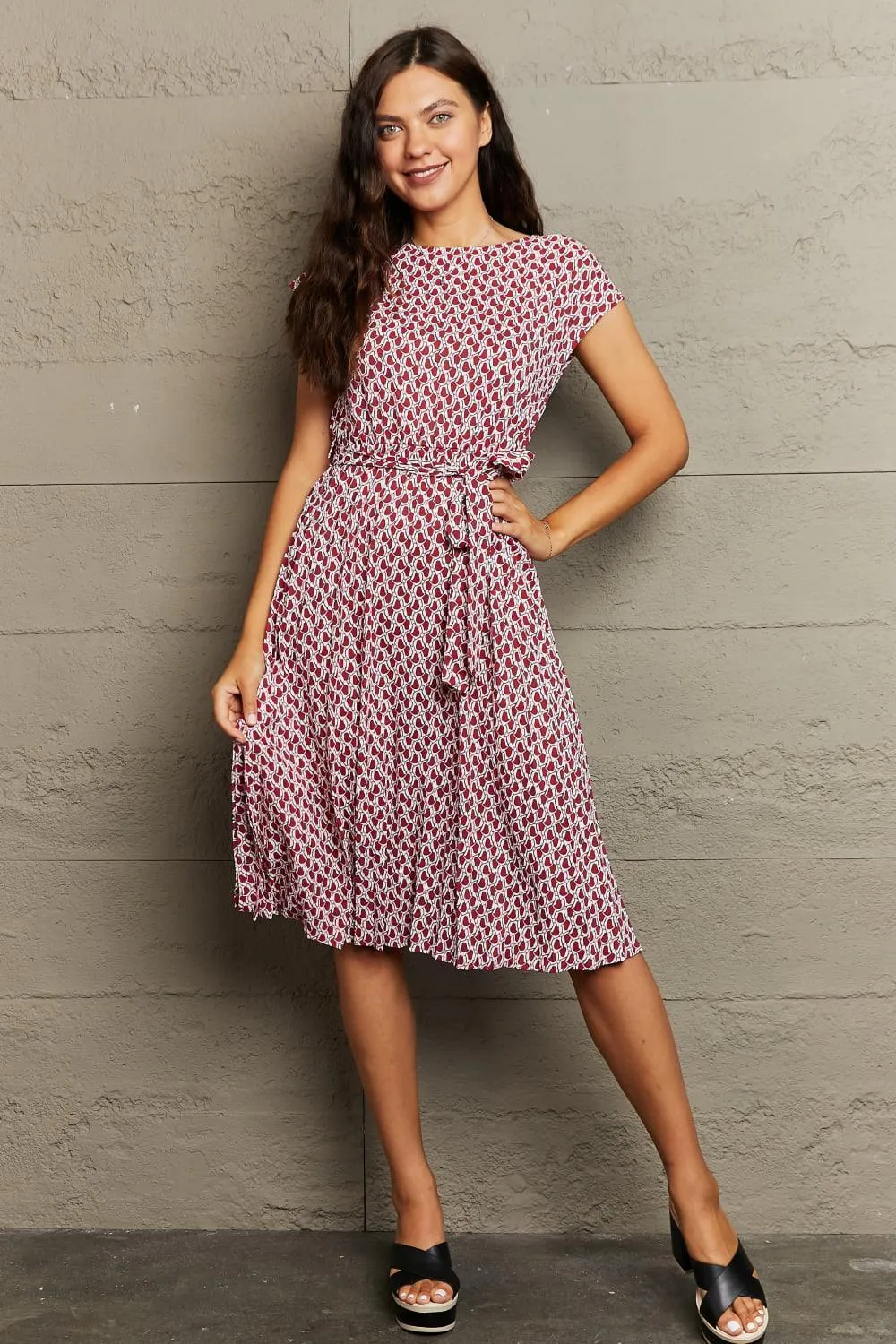 Free All Day Short Sleeve Tie Waist Midi Dress