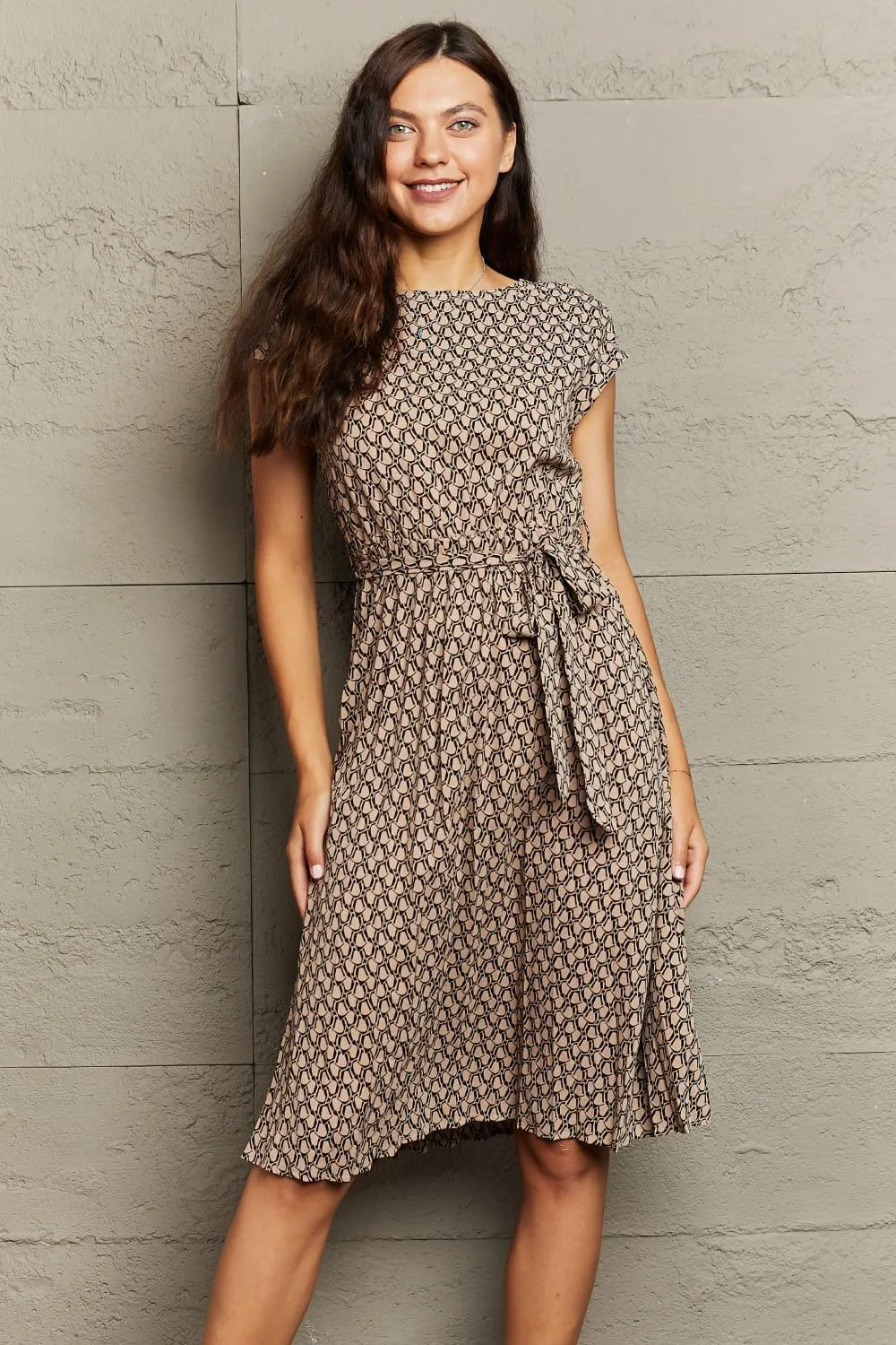 Free All Day Short Sleeve Tie Waist Midi Dress