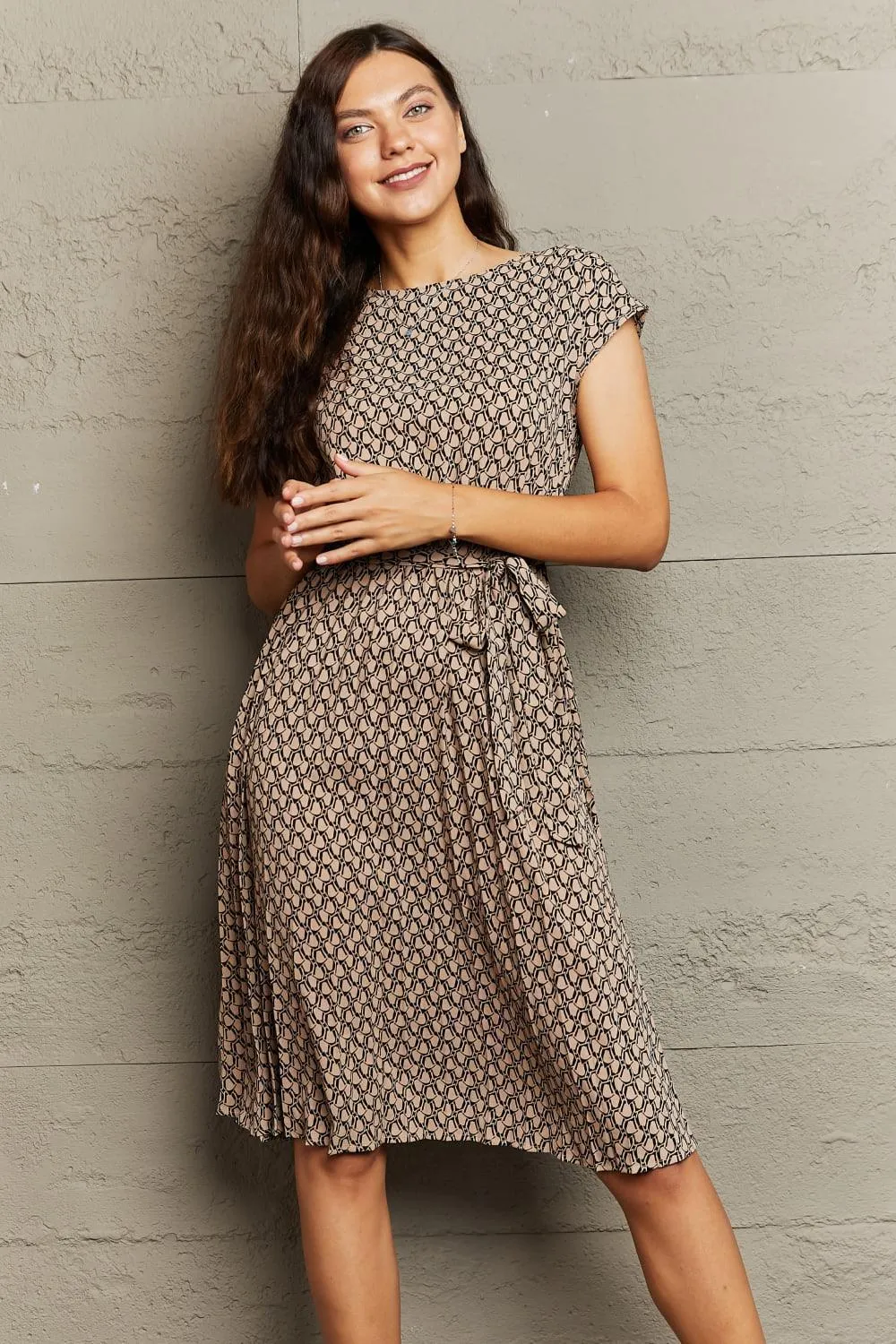 Free All Day Short Sleeve Tie Waist Midi Dress