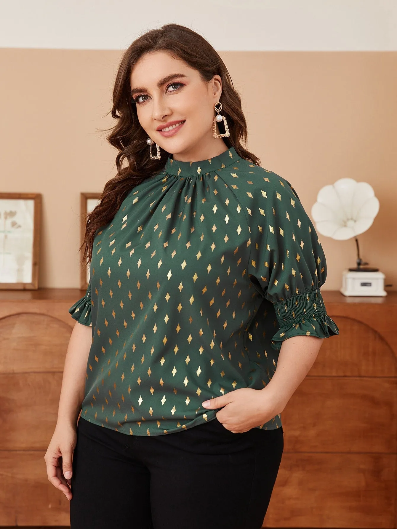 Geometric Shirred Short Sleeve Stand Collar Regular Plus Size Blouse