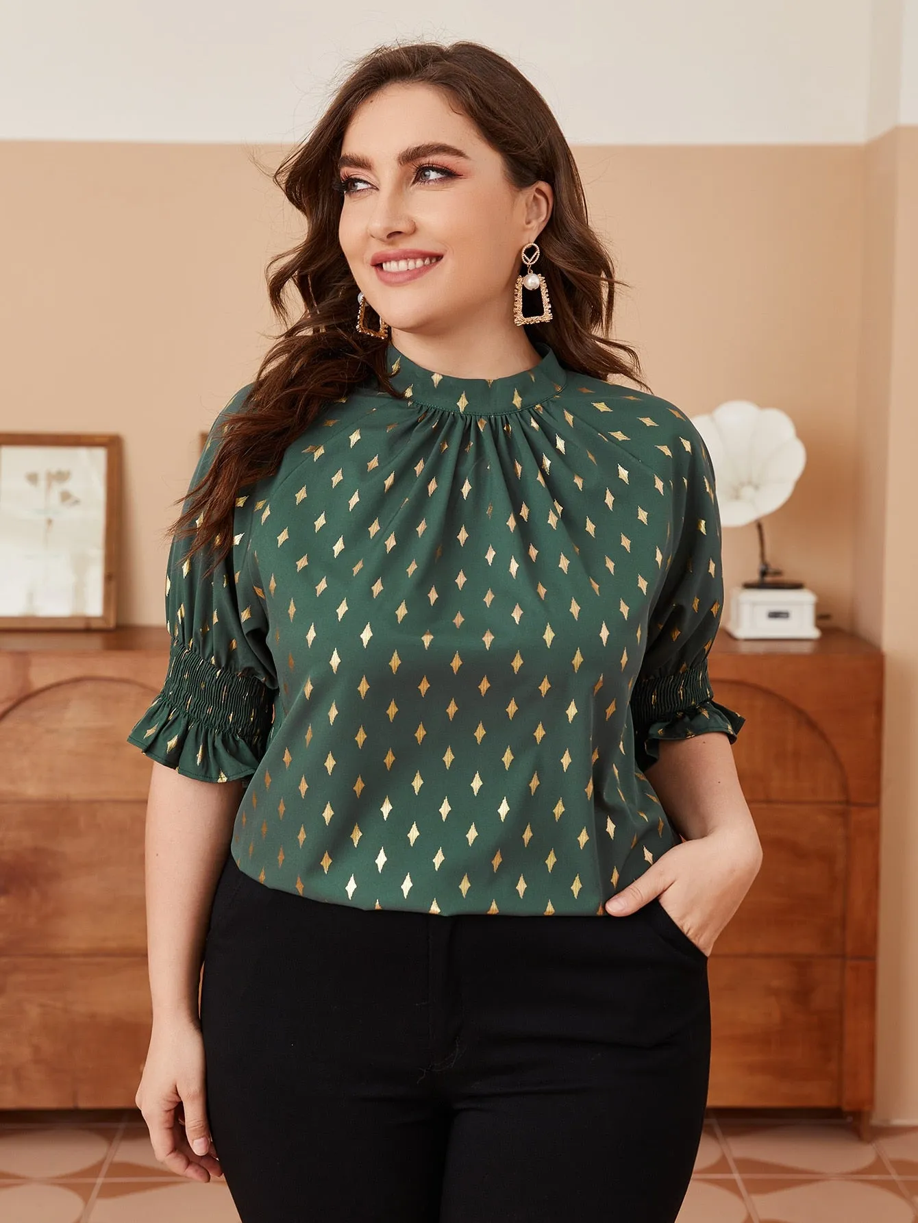 Geometric Shirred Short Sleeve Stand Collar Regular Plus Size Blouse