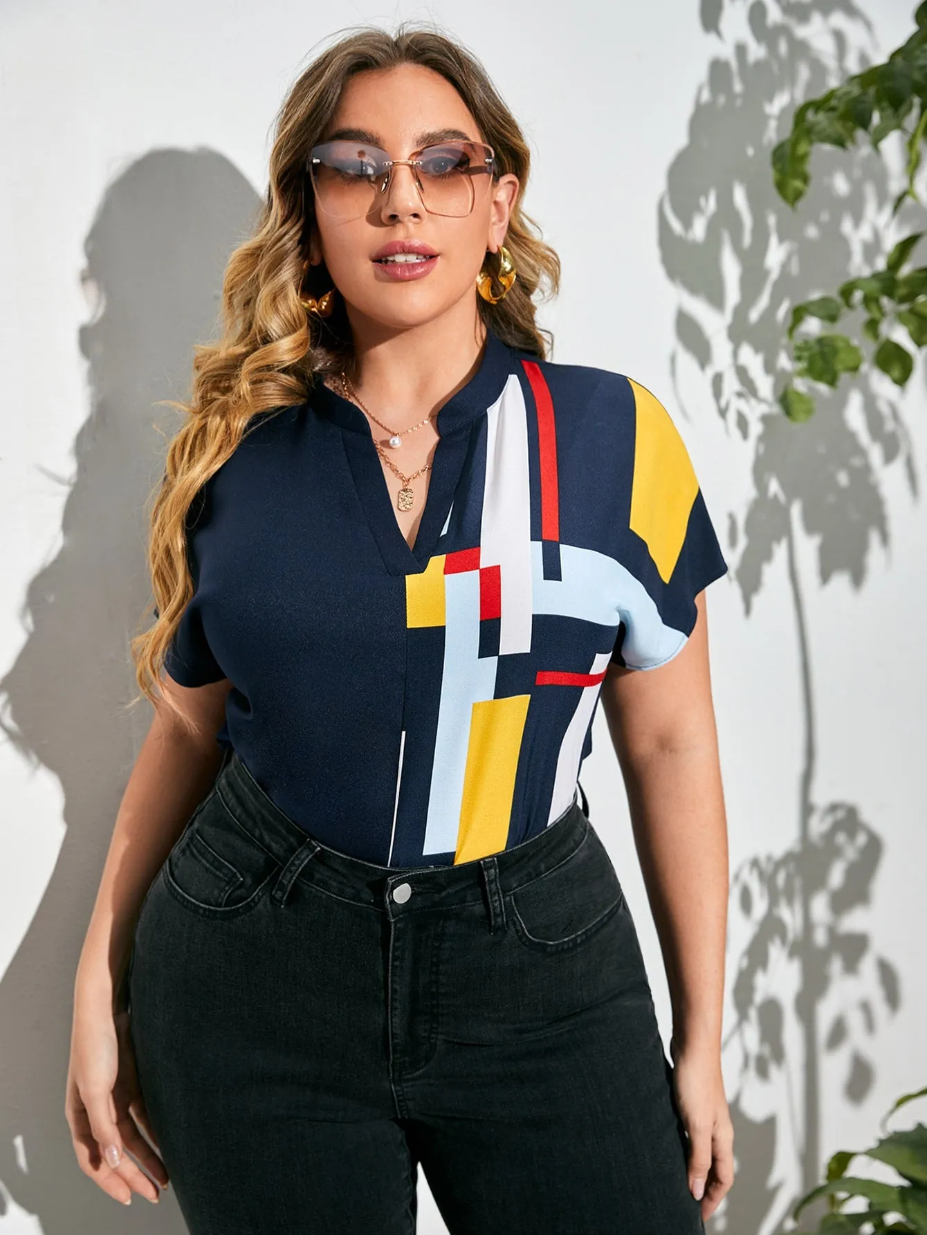 Geometric Short Sleeve Notched Regular Plus Size Blouse