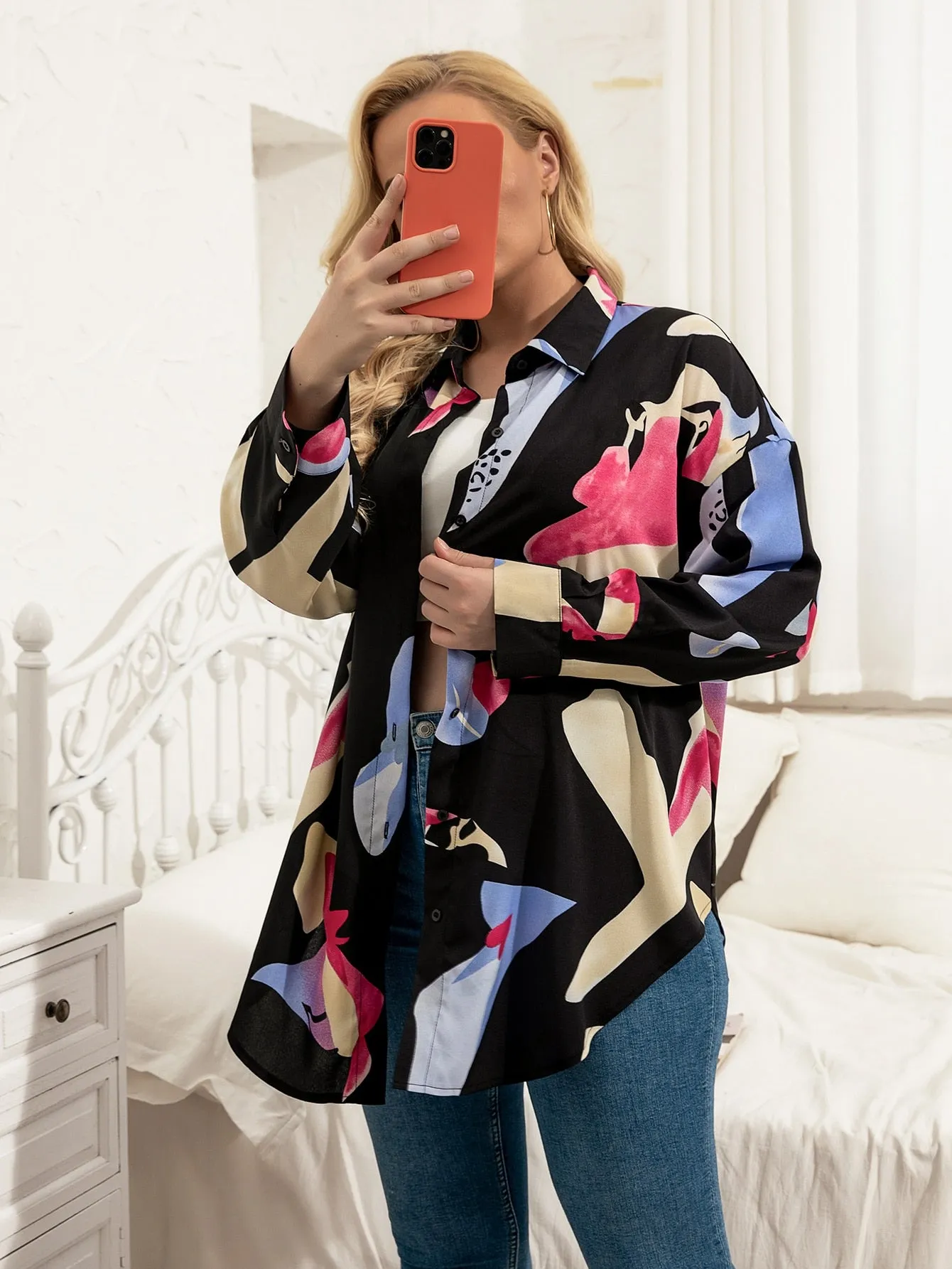 Graphic Button Front Long Sleeve Collar Asymmetrical Long Plus Size Blouse