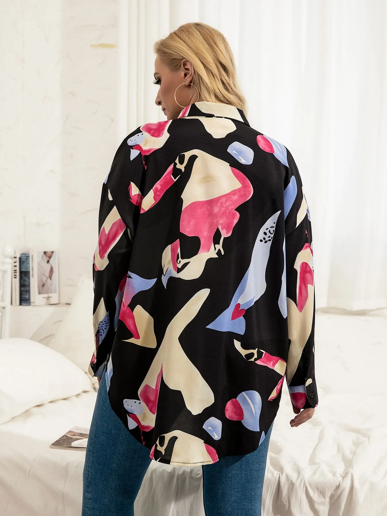 Graphic Button Front Long Sleeve Collar Asymmetrical Long Plus Size Blouse