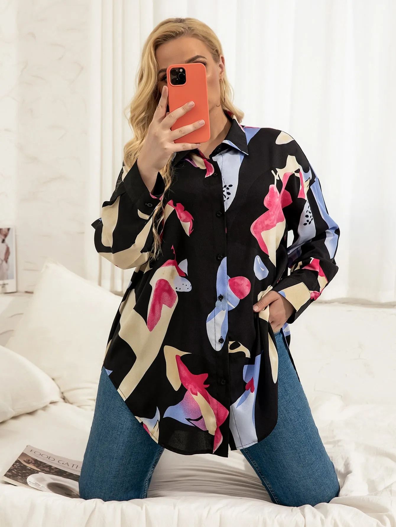 Graphic Button Front Long Sleeve Collar Asymmetrical Long Plus Size Blouse