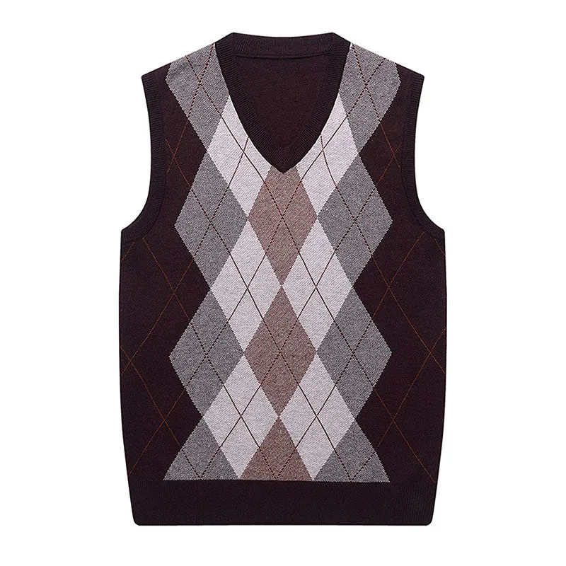 Hanerdun Men Sweater Vests Male Argyle Wool Blend V Neck Sleevless Knit Pullover
