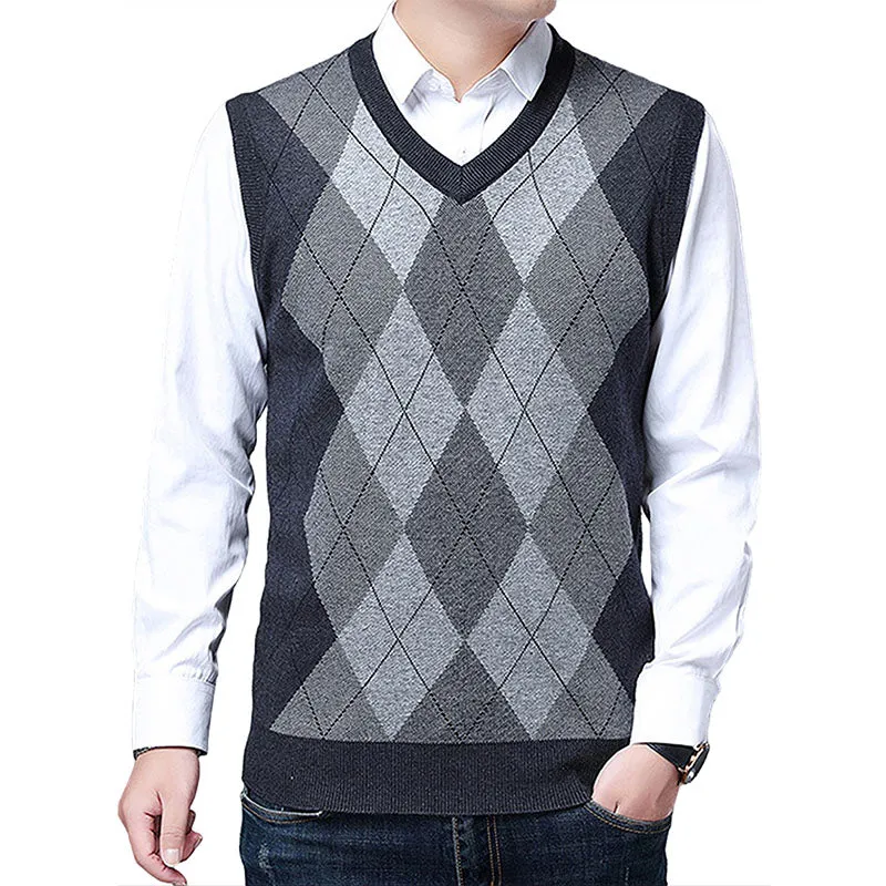 Hanerdun Men Sweater Vests Male Argyle Wool Blend V Neck Sleevless Knit Pullover