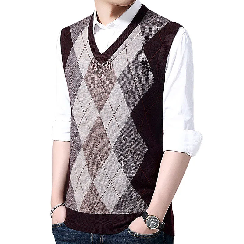 Hanerdun Men Sweater Vests Male Argyle Wool Blend V Neck Sleevless Knit Pullover