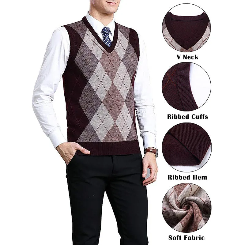 Hanerdun Men Sweater Vests Male Argyle Wool Blend V Neck Sleevless Knit Pullover