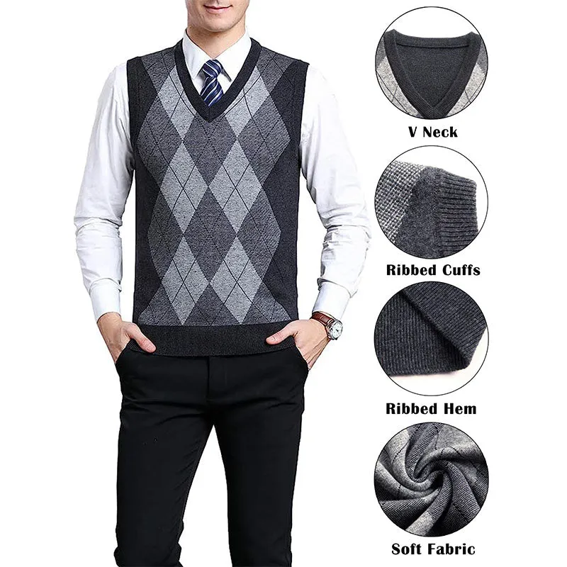 Hanerdun Men Sweater Vests Male Argyle Wool Blend V Neck Sleevless Knit Pullover