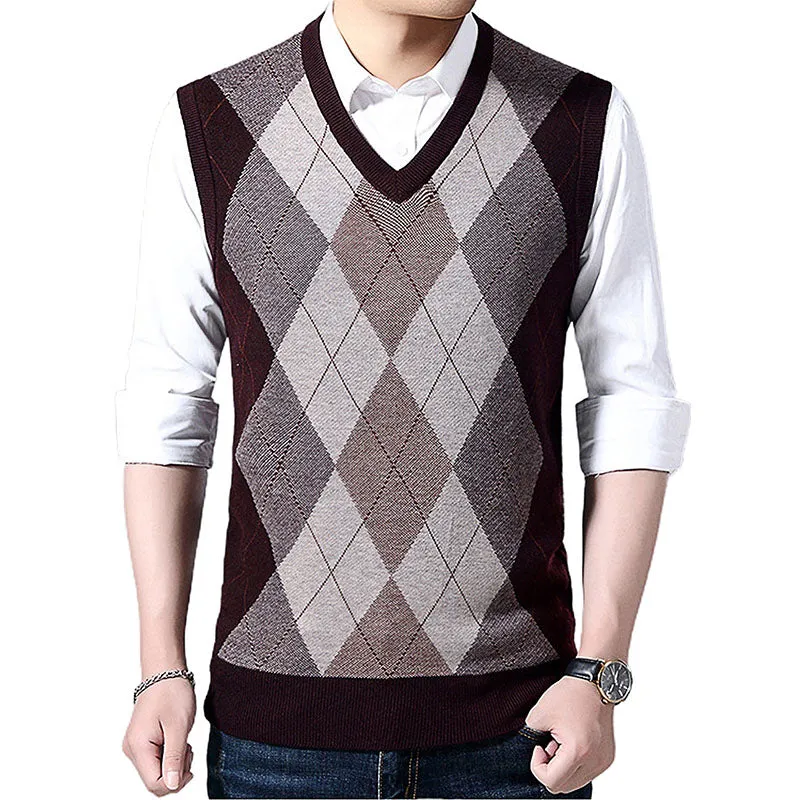 Hanerdun Men Sweater Vests Male Argyle Wool Blend V Neck Sleevless Knit Pullover
