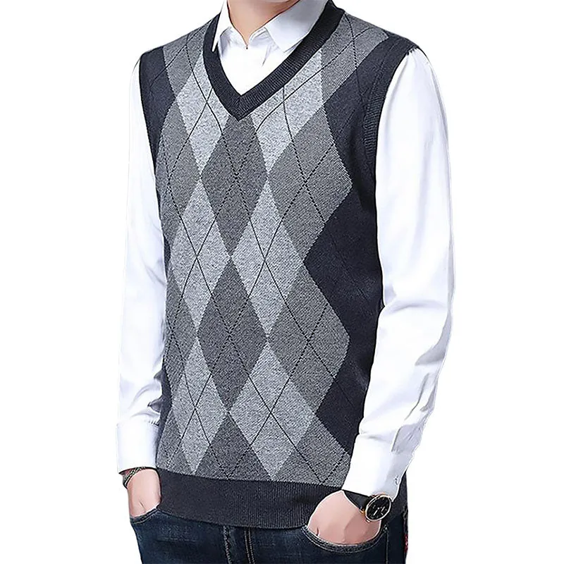 Hanerdun Men Sweater Vests Male Argyle Wool Blend V Neck Sleevless Knit Pullover