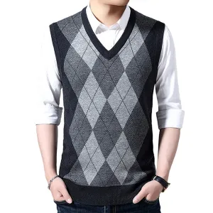 Hanerdun Men Sweater Vests Male Argyle Wool Blend V Neck Sleevless Knit Pullover