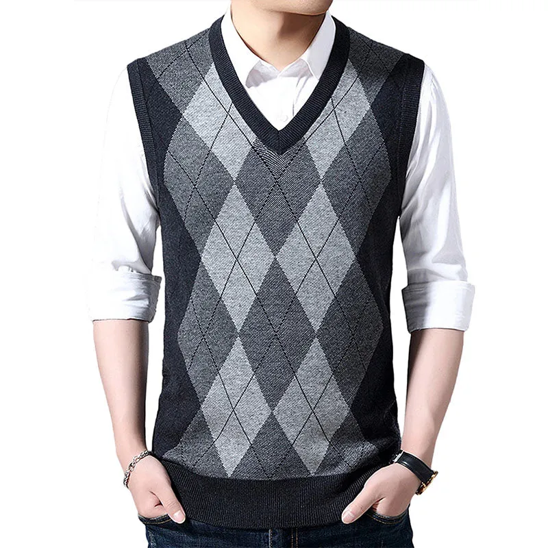 Hanerdun Men Sweater Vests Male Argyle Wool Blend V Neck Sleevless Knit Pullover