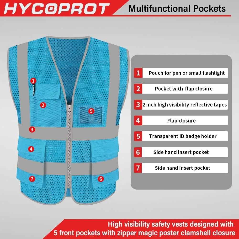 HYCOPROT High Visibility Mesh Safety Reflective Vest with Pockets and Zipper, Meets ANSI/ISEA Standards