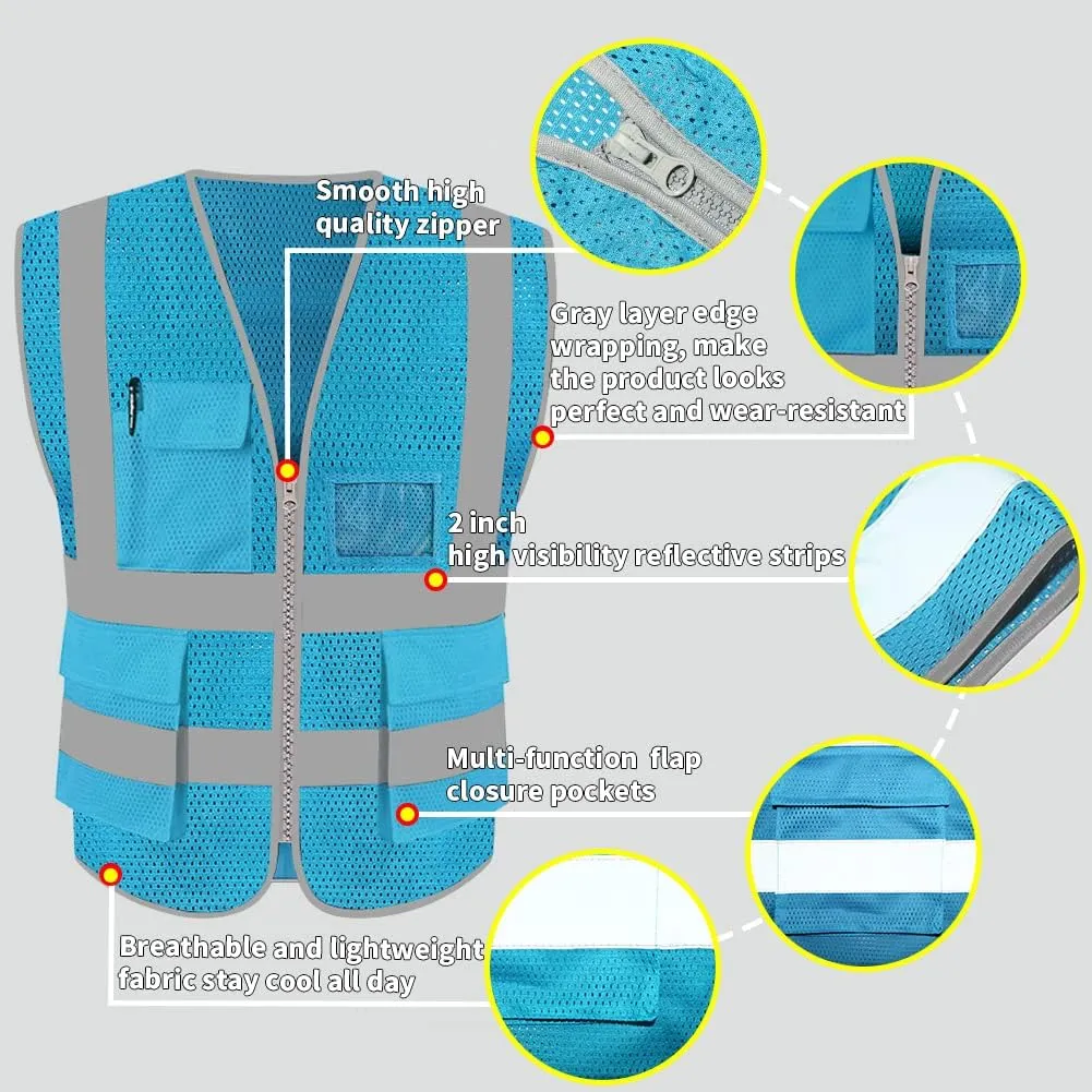 HYCOPROT High Visibility Mesh Safety Reflective Vest with Pockets and Zipper, Meets ANSI/ISEA Standards