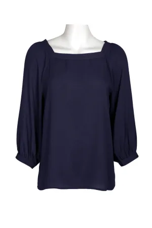 Joan Vass NY Square Boat Neck One Button 3/4 Sleeve Solid Woven Blouse